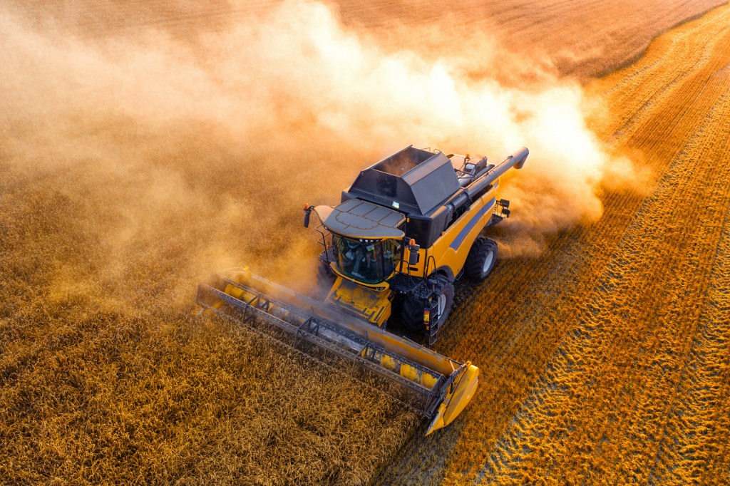 Combine harvester and tractor working a wheat field
