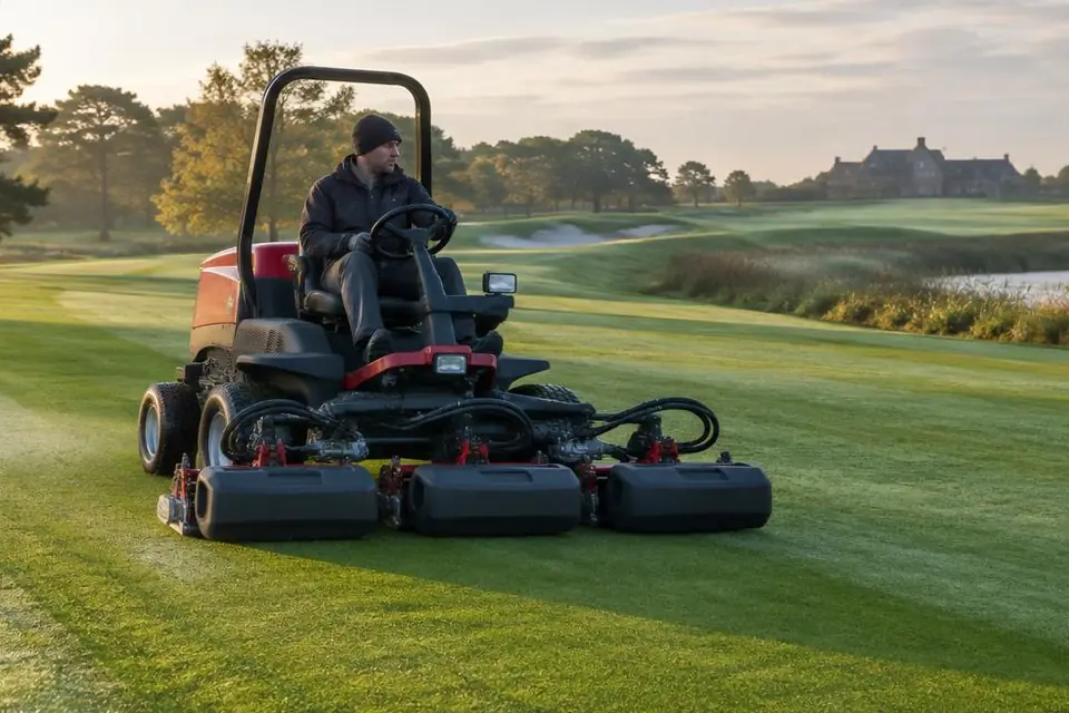 A professional fairway mower cutting a British golf course, showing the operating setting and condition.