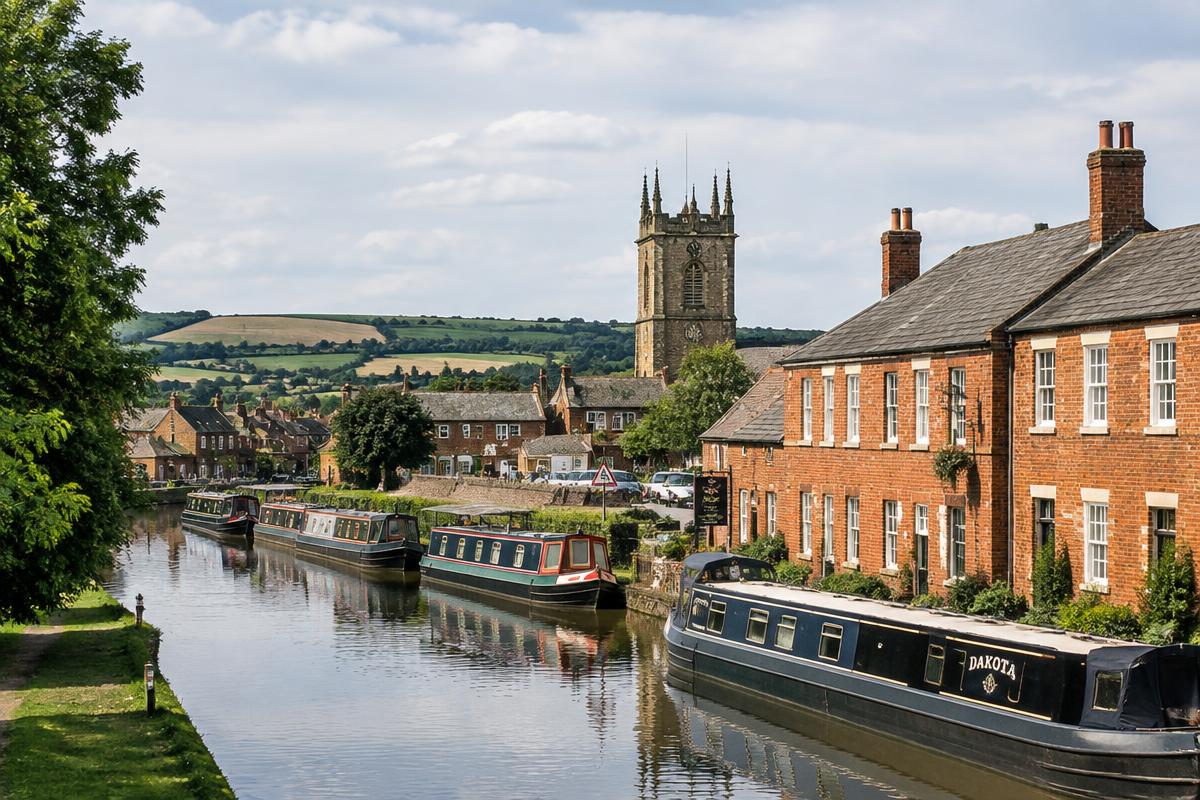Banbury canal-side buildings with Oxfordshire hills beyond