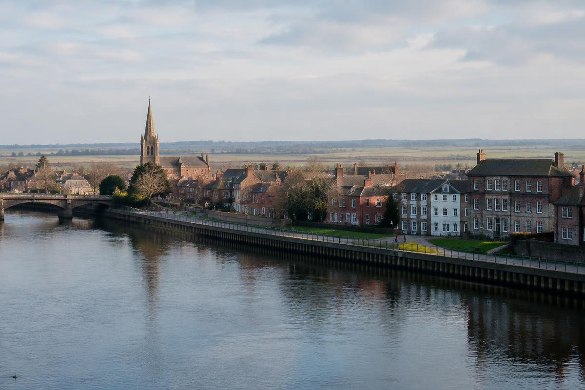 Bedford riverside buildings with the Great Ouse and flat farmland beyond