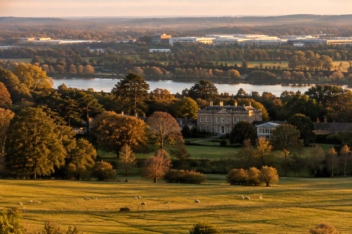 Berkshire parkland and Thames valley farmland with a business park in the distance