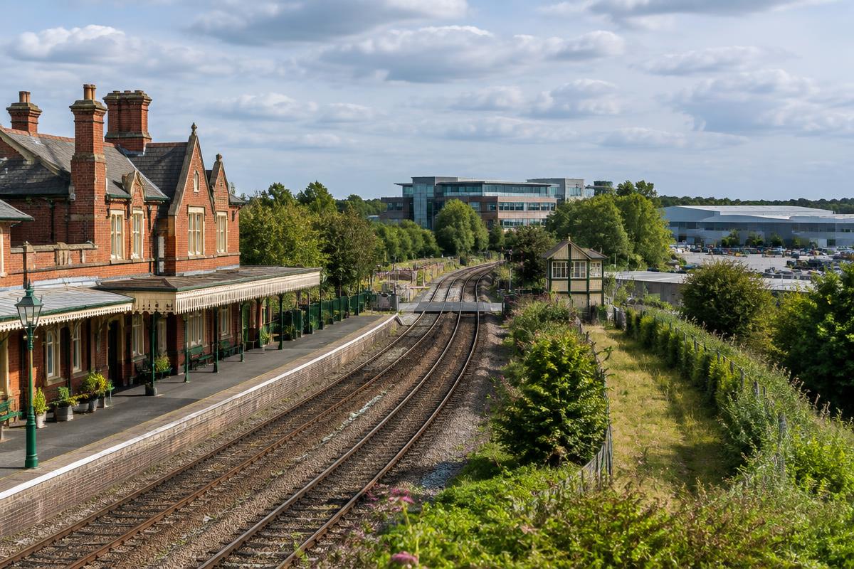 Bletchley railway heritage beside modern offices and industrial buildings