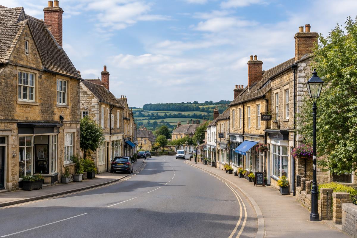 Brackley market town streetscape with stone buildings and Northamptonshire countryside