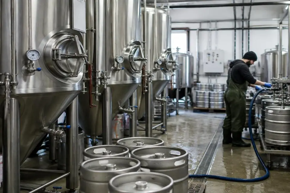Stainless fermentation tanks and kegging equipment in a UK brewery, showing the asset at work.