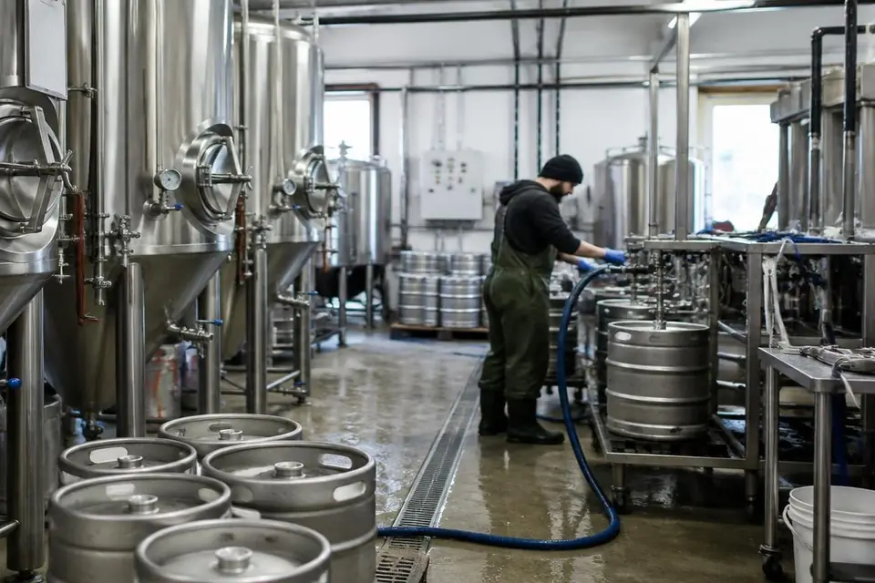 Stainless fermentation tanks and kegging equipment in a UK brewery, showing equipment detail for a finance assessment.