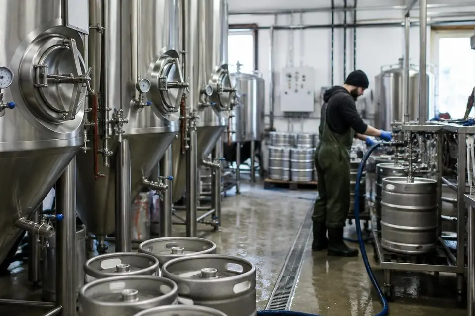 Stainless fermentation tanks and kegging equipment in a UK brewery, showing the operating setting and condition.