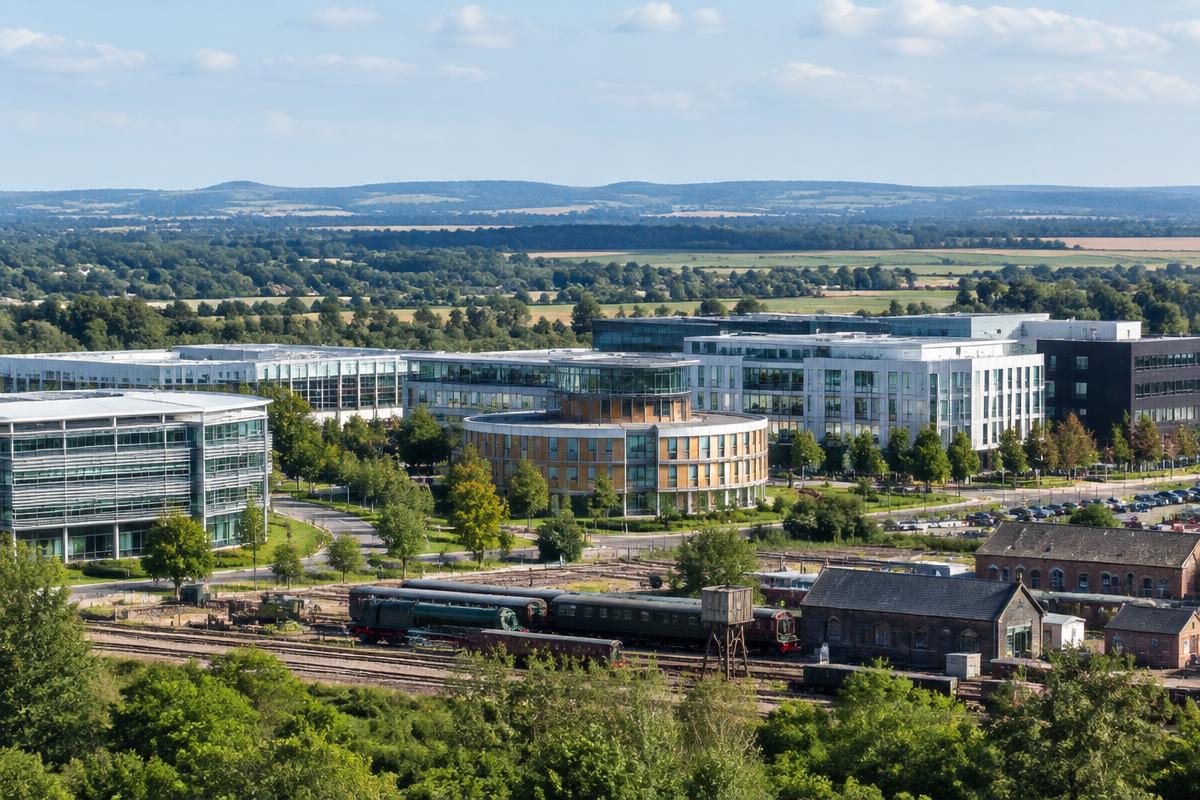 Didcot science and technology campus with railway heritage and Oxfordshire countryside