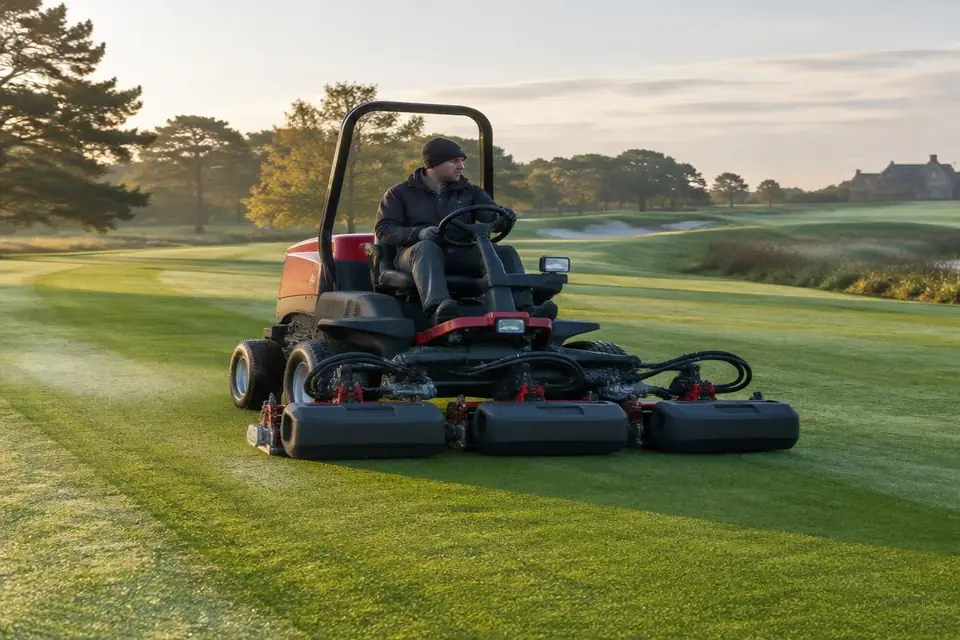 A professional fairway mower cutting a British golf course, showing the asset at work.