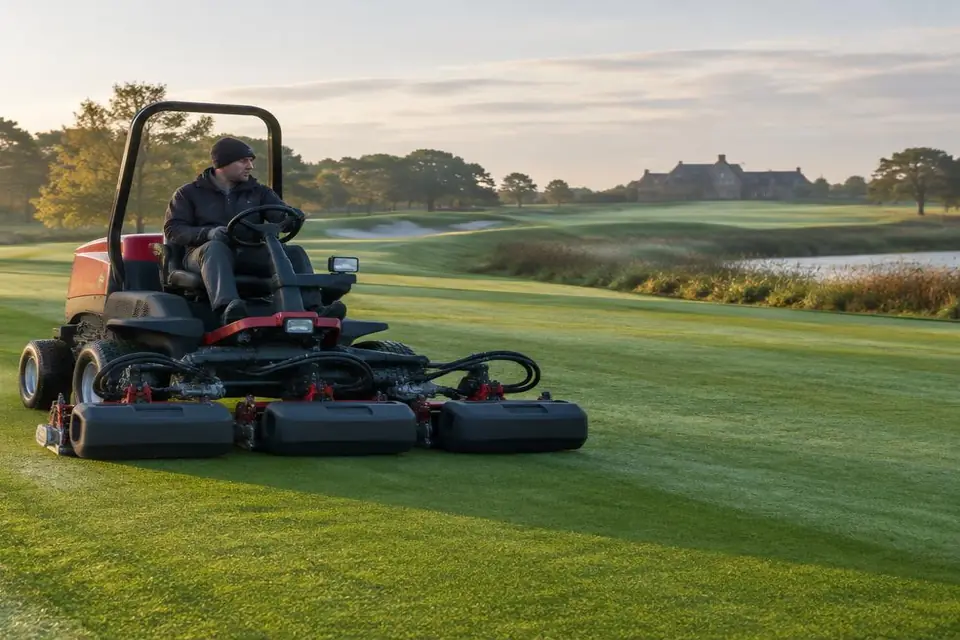 A professional fairway mower cutting a British golf course, showing equipment detail for a finance assessment.