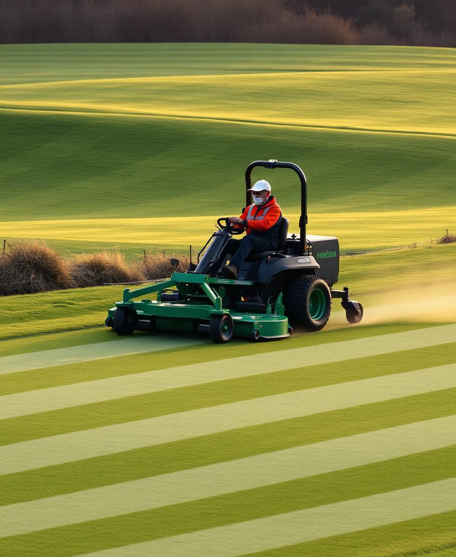 Groundskeeper mowing a golf fairway