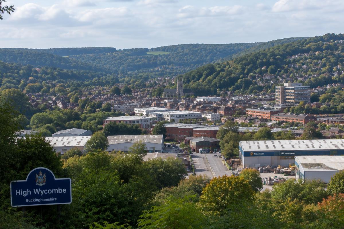 High Wycombe in its Chiltern valley with wooded hillsides and industrial units