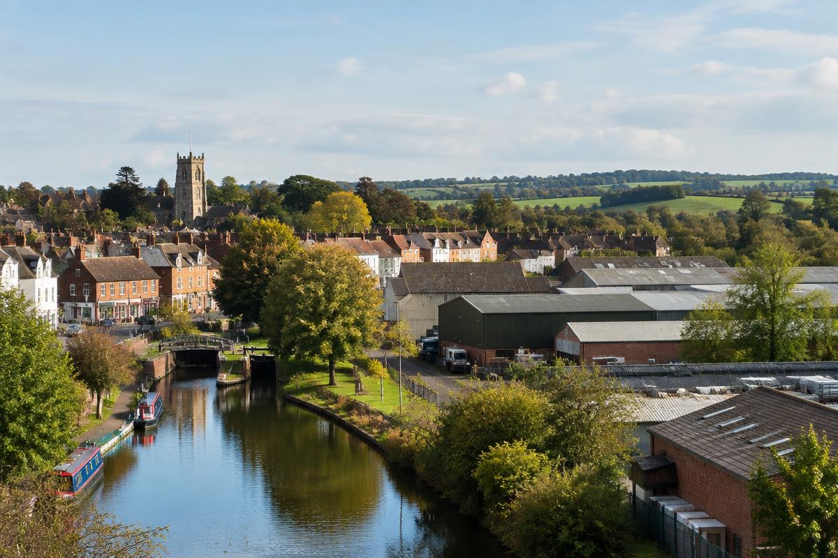 Leighton Buzzard canal, market town and light industrial buildings beside Bedfordshire countryside