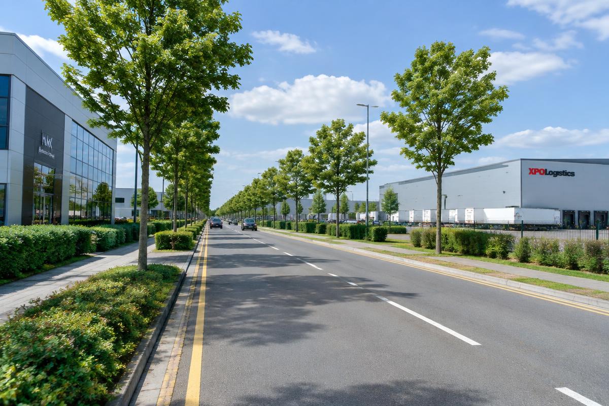 Milton Keynes business park and distribution units on a tree-lined boulevard