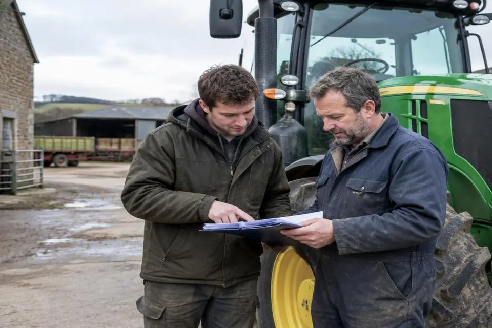 Two farming partners reviewing machinery finance beside a tractor, showing the asset at work.