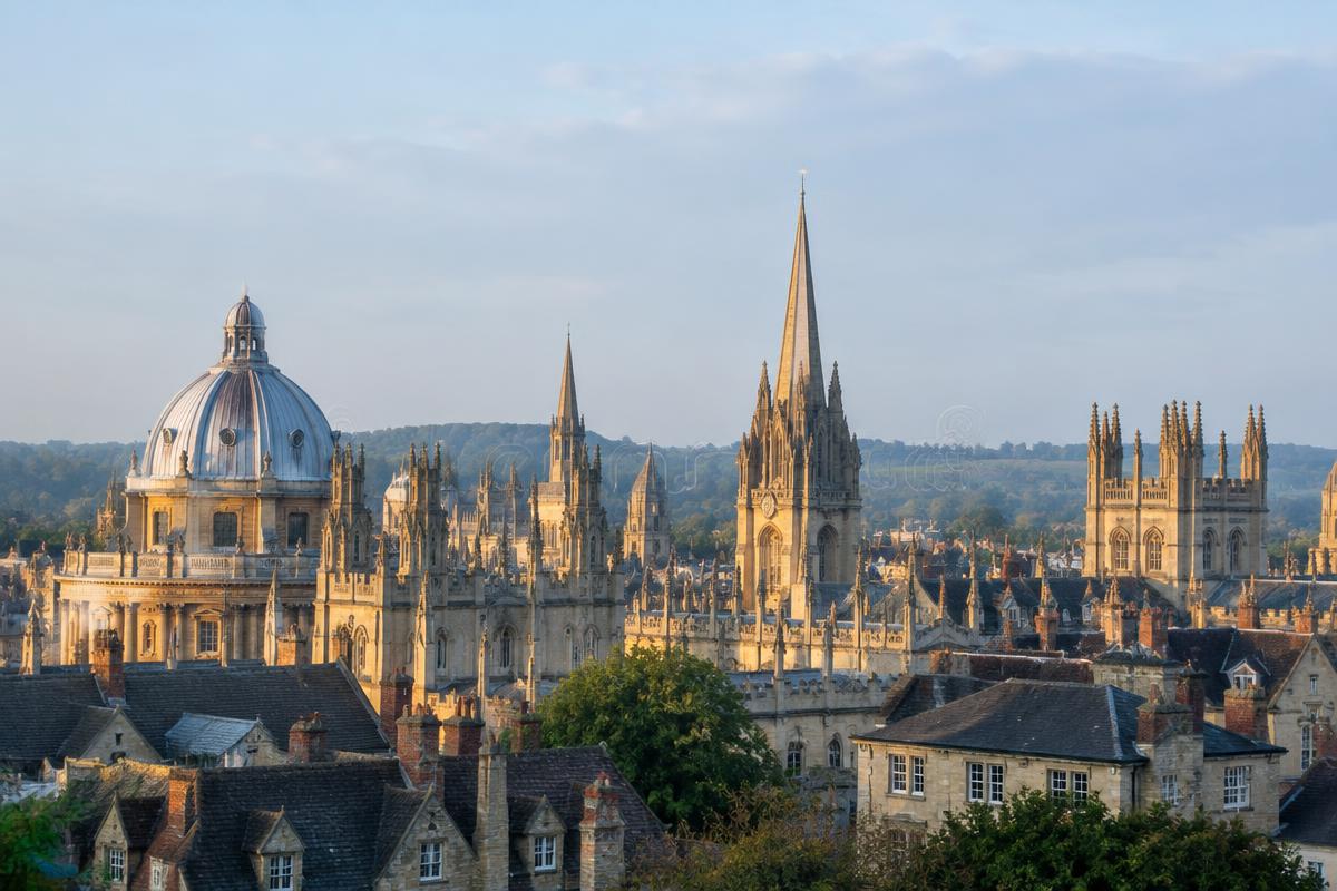 Oxford skyline of college spires above city rooftops