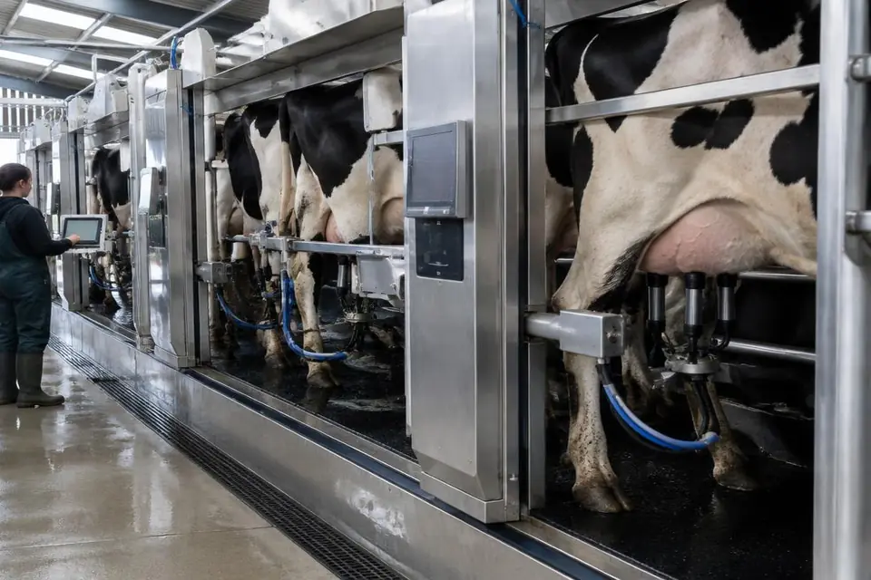 Robotic milking equipment operating in a modern UK dairy unit, showing equipment detail for a finance assessment.