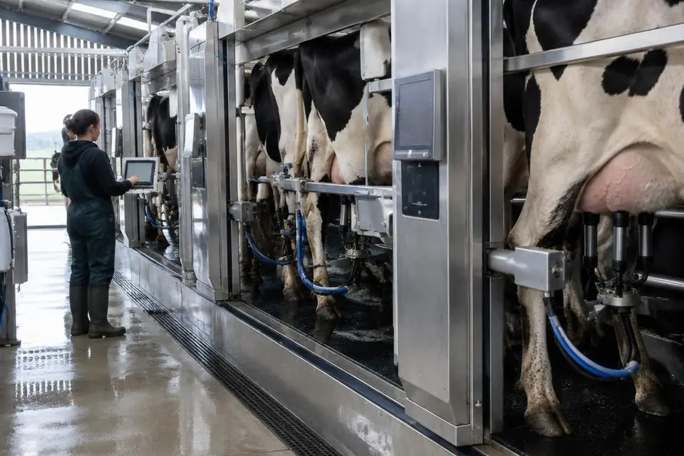 Robotic milking equipment operating in a modern UK dairy unit, showing the operating setting and condition.