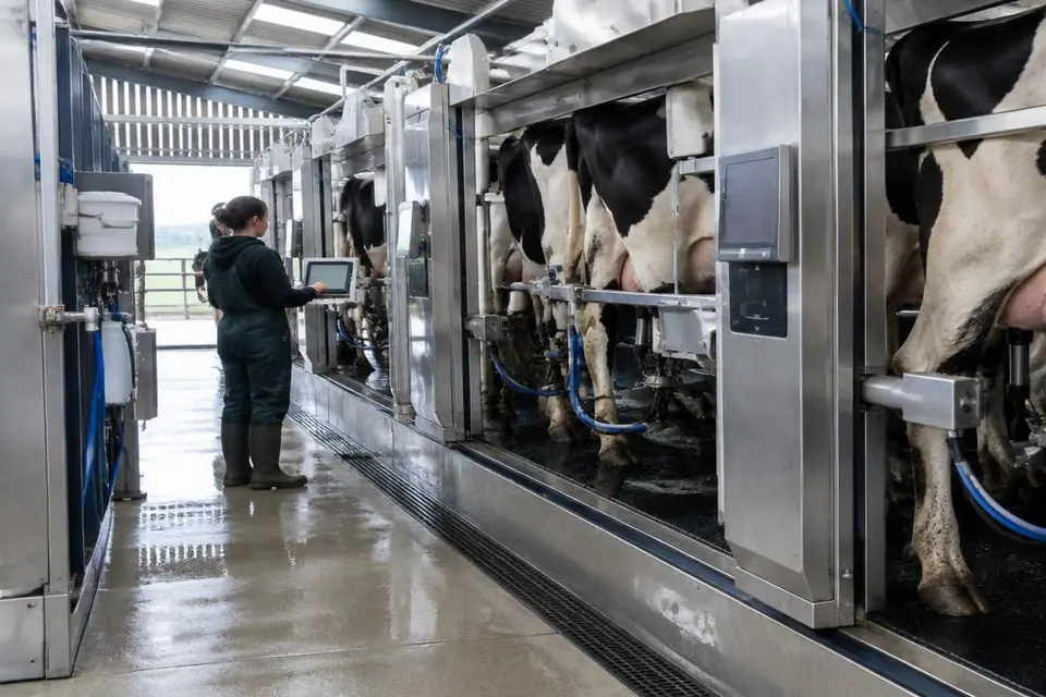 Robotic milking equipment operating in a modern UK dairy unit, showing the asset at work.