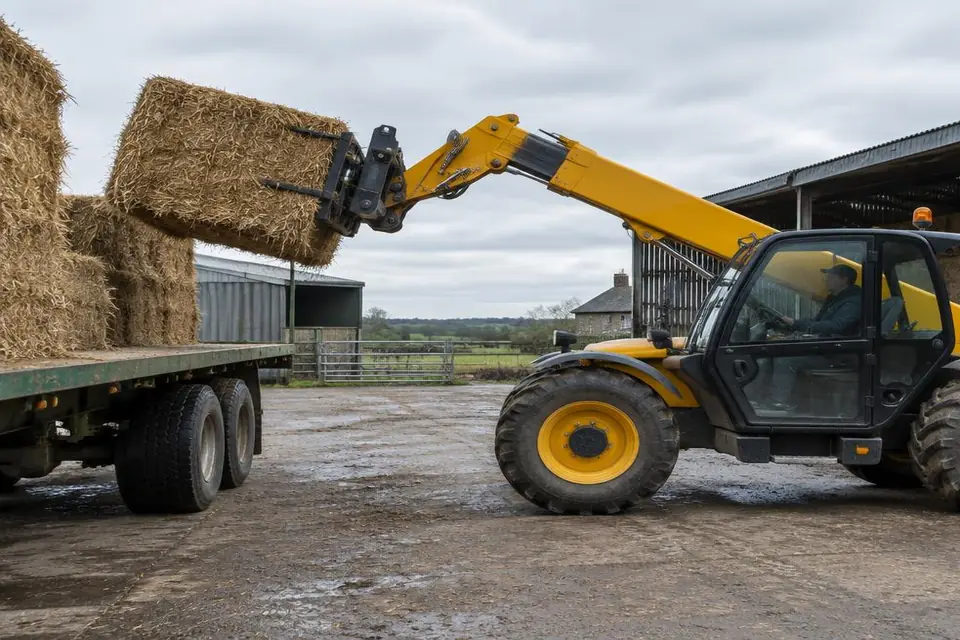 An agricultural telehandler loading straw in a British farmyard, showing the asset at work.