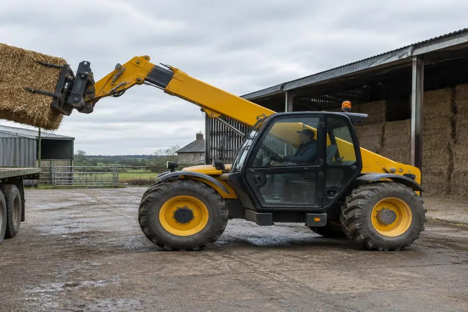 An agricultural telehandler loading straw in a British farmyard, showing equipment detail for a finance assessment.