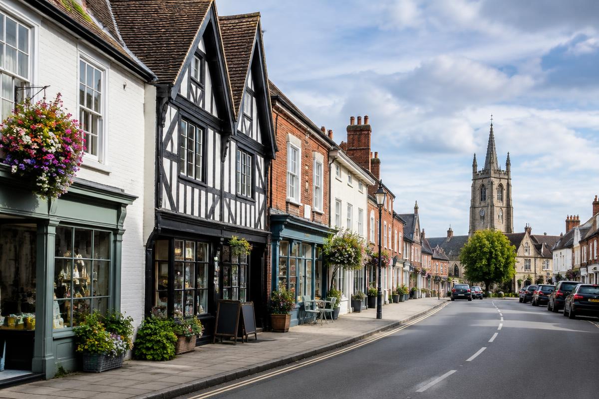 Thame high street with historic shopfronts and St Mary's church