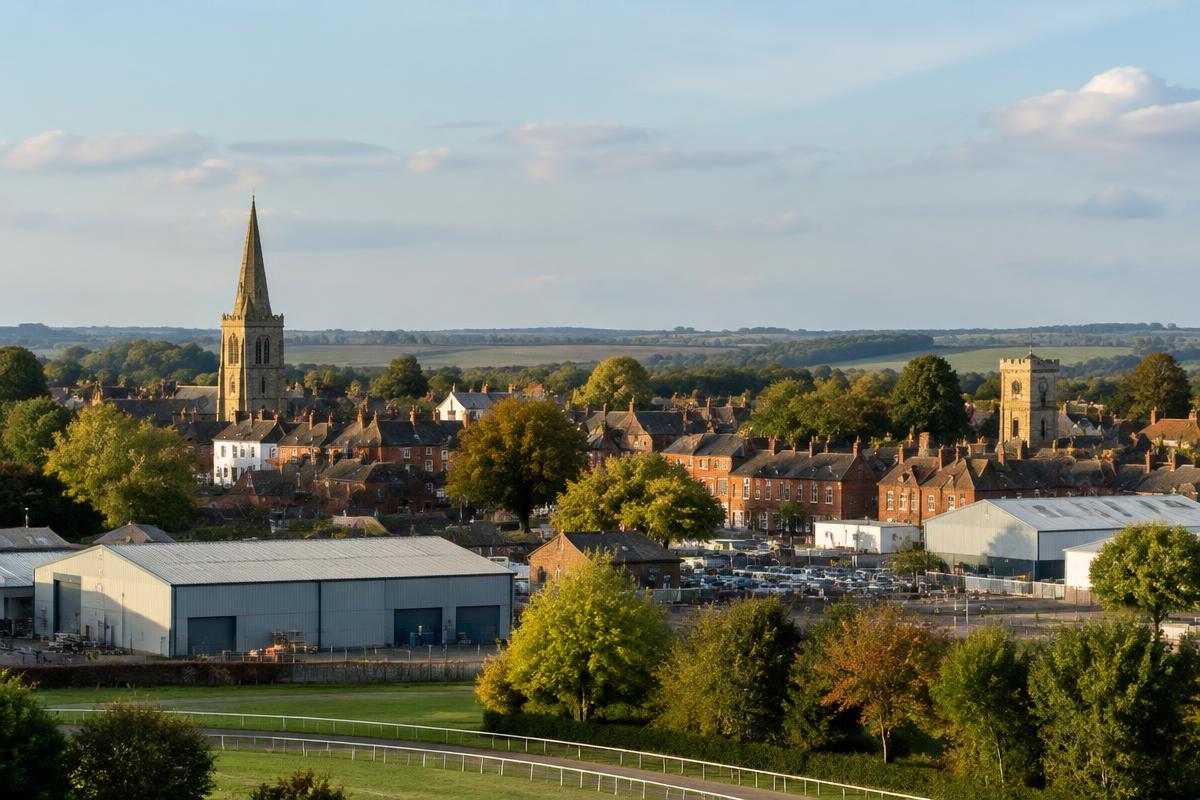 Towcester townscape with churches, workshops and Northamptonshire countryside
