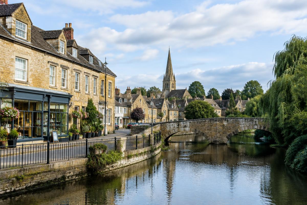 Witney stone buildings beside the River Windrush in west Oxfordshire