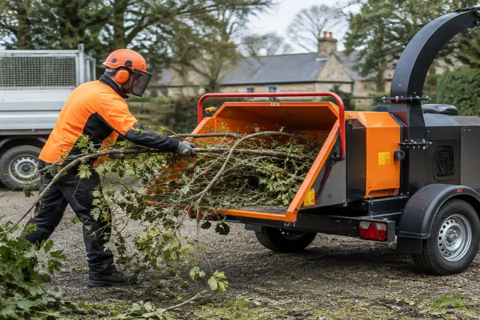 A tree surgeon using a professional towable wood chipper, showing the asset at work.