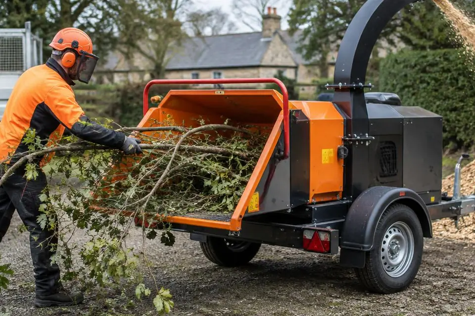 A tree surgeon using a professional towable wood chipper, showing the operating setting and condition.